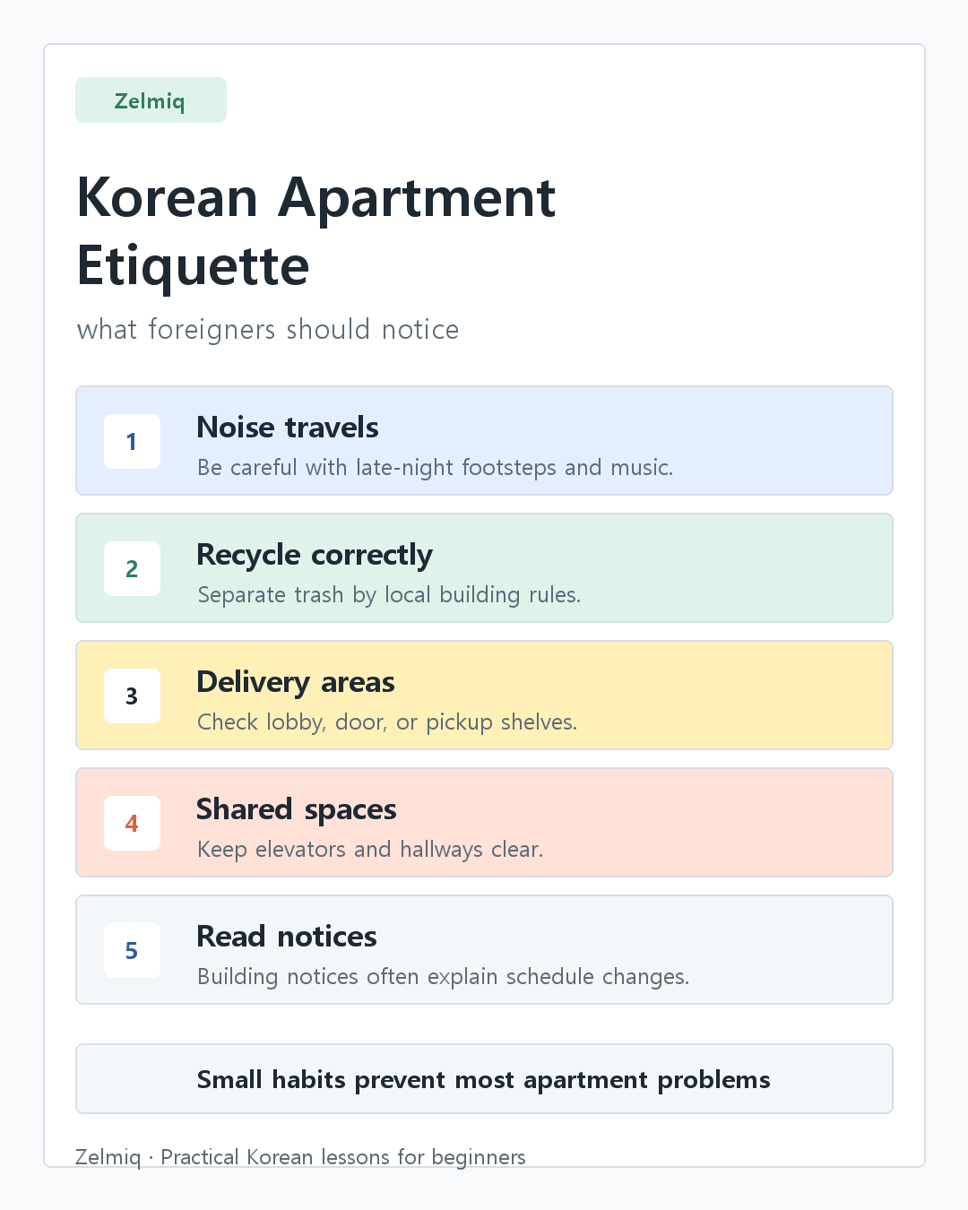Korean apartment etiquette summary card for foreigners