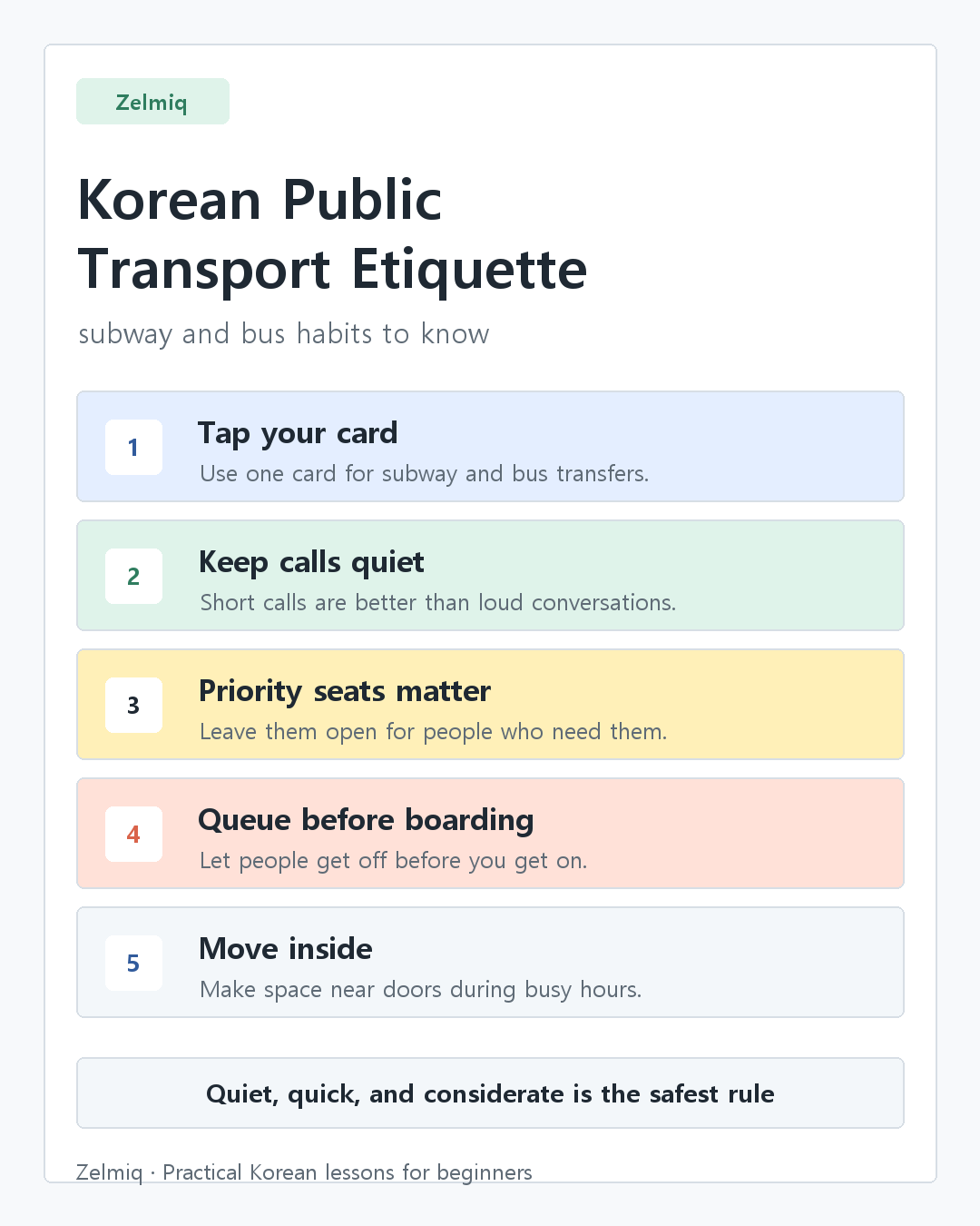 Korean public transportation etiquette summary card for foreigners